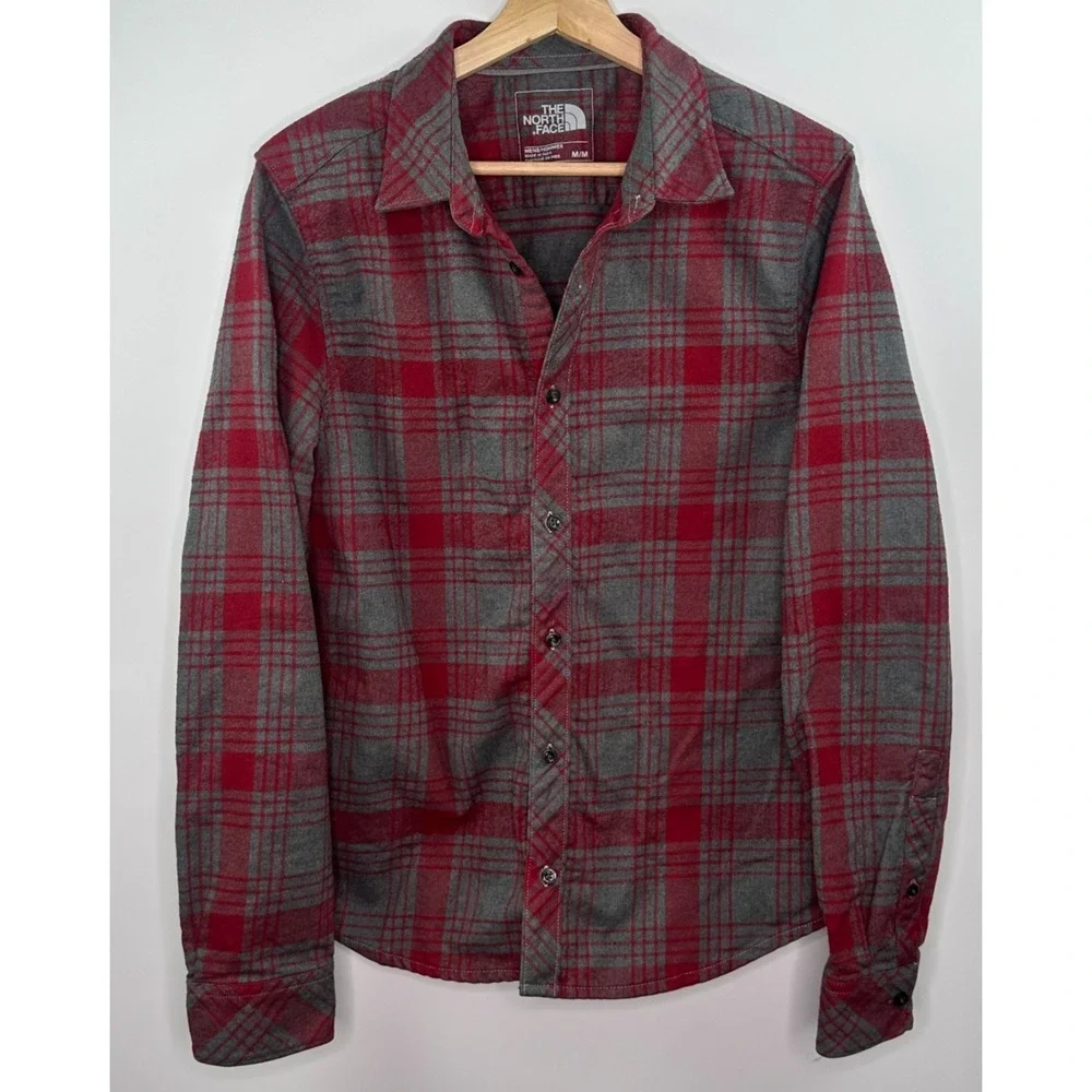 The North Face Mens Flannel Shirt M Red Gray Plaid Long Sleeve Button Up